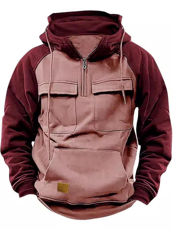 European-American Raglan Sleeve Half-Zip Men's Multi-Pocket Workwear Hoodie