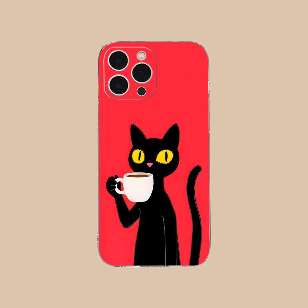 Cute Coffee Cat Clear TPU Mobile Case for iPhone 17 16 15 14 13 12 11 X XR XS Air Pro Max Plus Mini Colorful Cover