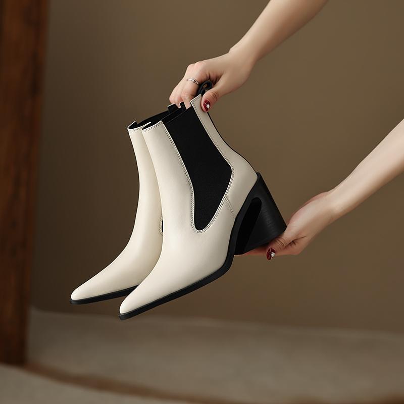 Basic Damen Echtleder Stiefeletten Herbst Winter Strange High Heels Schuhe Frau Reif Spitzschuh Bürodame 2024 Stiefel