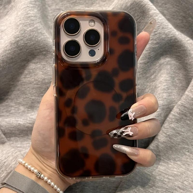 Luxury Magnetic Leopard Print Amber Phone Case For iPhone 17Pro Max 17Pro 17 16 15 13 14 Pro Max Fashion Retro Shockproof Case iPhone 13