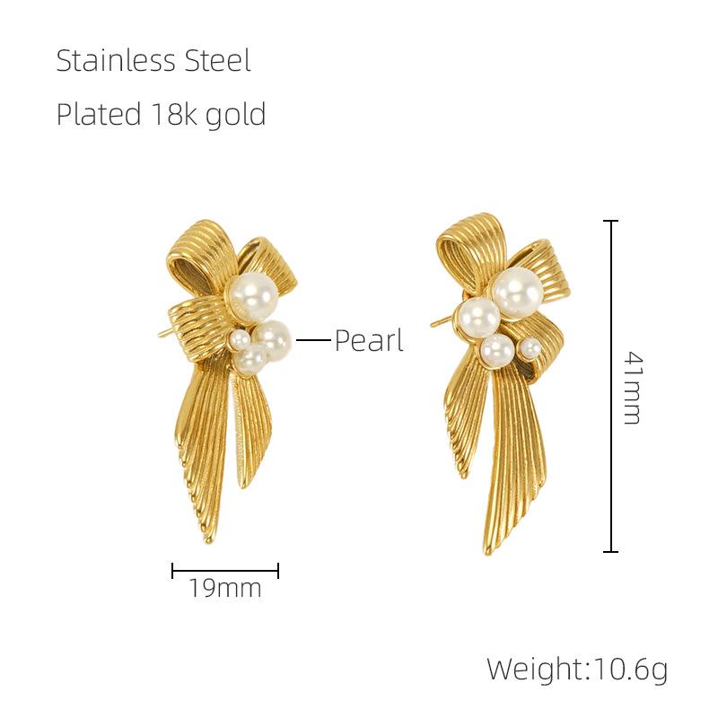 

Elegant Pearl Bow Earrings - Stainless Steel, European & American Design 18K золотой