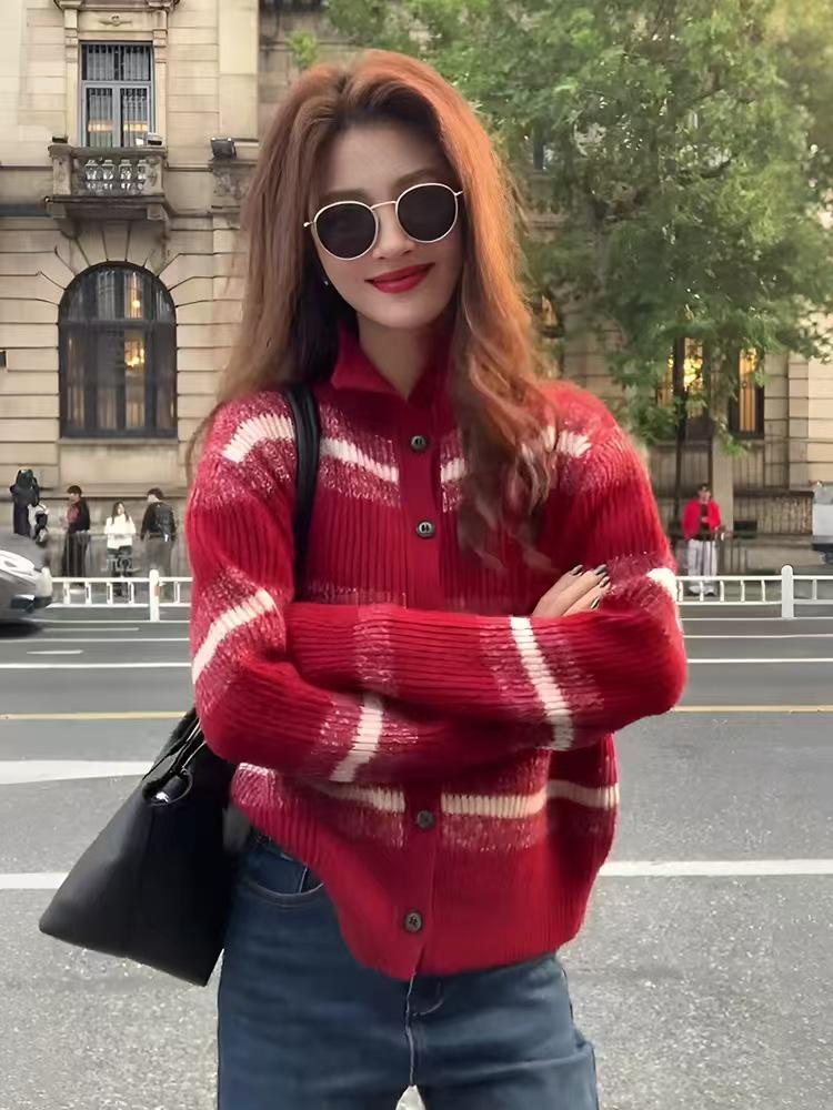 Red Striped Wool Cardigan - European Style, 2026 Year of the Horse Zodiac Knit Sweater Coat.