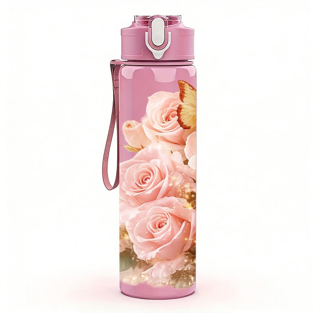 1PC Soft Pink Rose Bouquet Print 750ml Color Plastic Sports Water Bottle Leakproof Flip Straw Lid Suitable for Sports Office Home Use