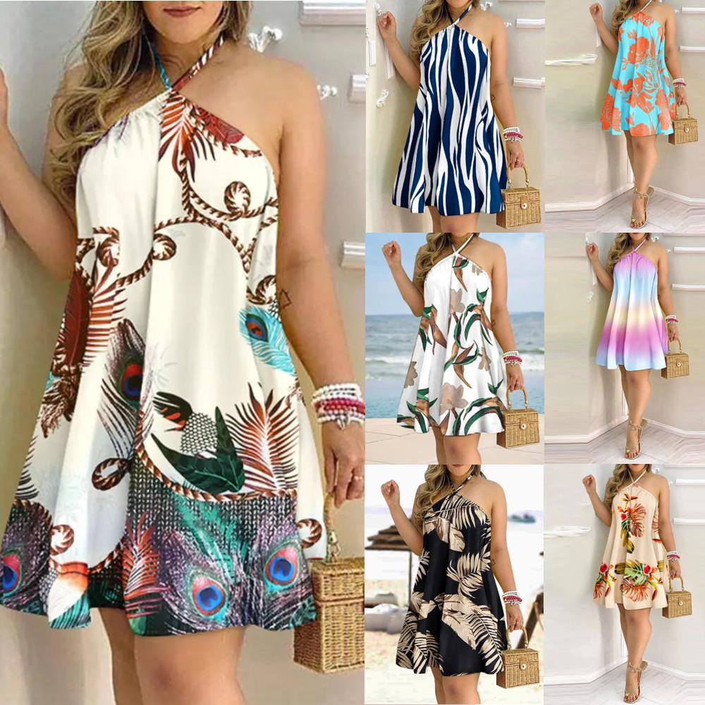 New Summer Printed Off-Shoulder Lace-Up Loose Women's Dress