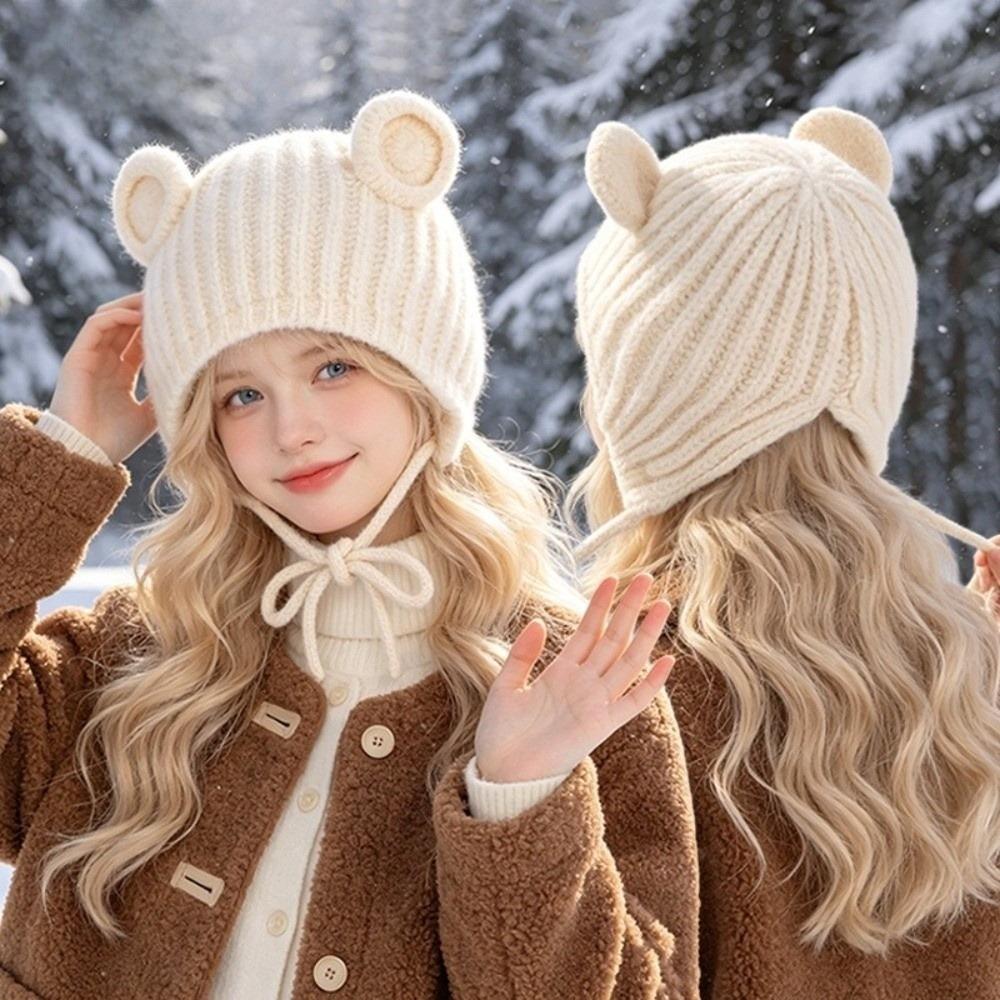 Thicken Ear Protection Hat Keep Warm Overhead Cap Fashionable Bear Ear Knitted Hat  Adult