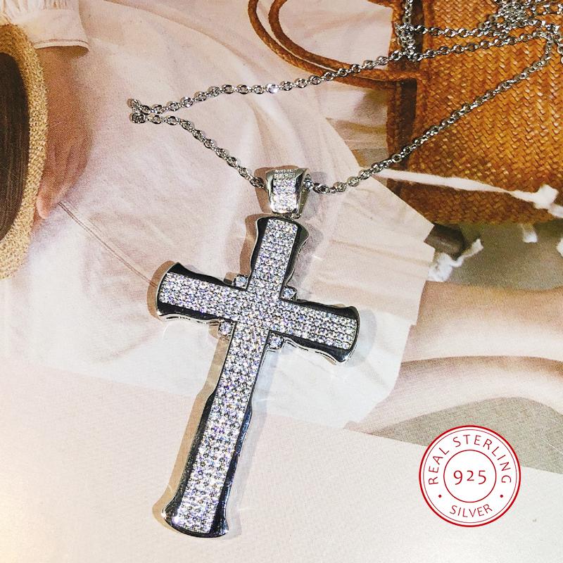 Unique Luxury Jewelry 925 Sterling Silver Cross Pendant Lucky Princess AAAAA+ Cubic Zirconia CZ Party Women Wedding Necklace