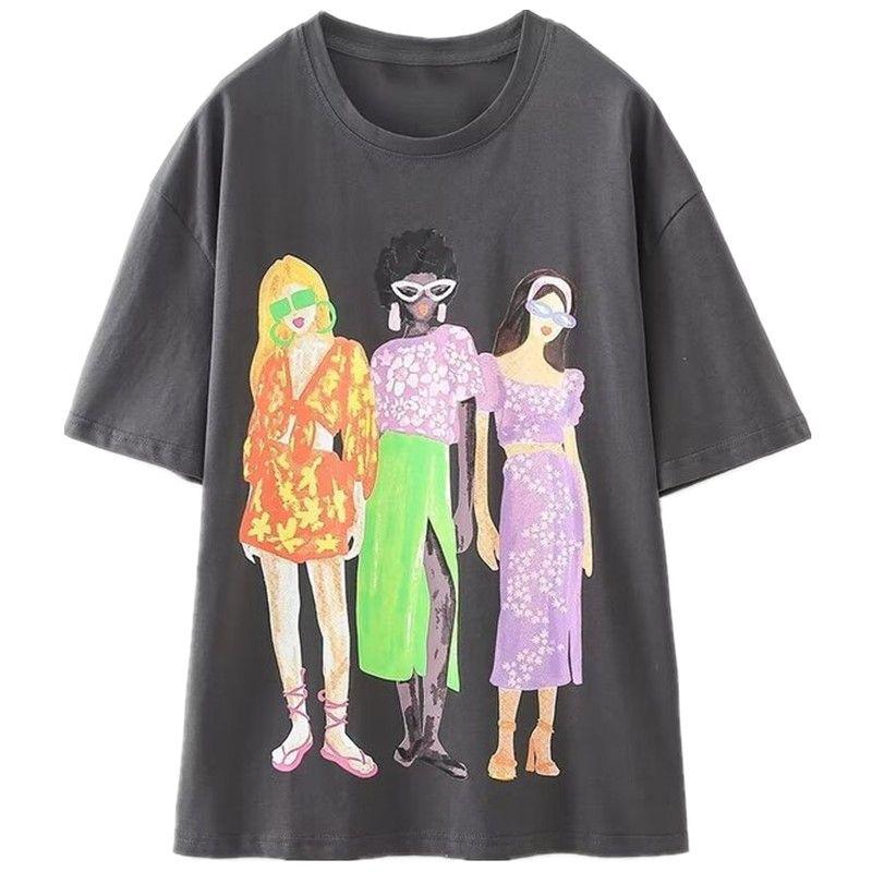 

Модный стиль Осень Новая женская одежда Стройнящая Легчайшая для сочетания Футболка с принтом девушки и эффектом стирки 0085831 807 Dark gray S