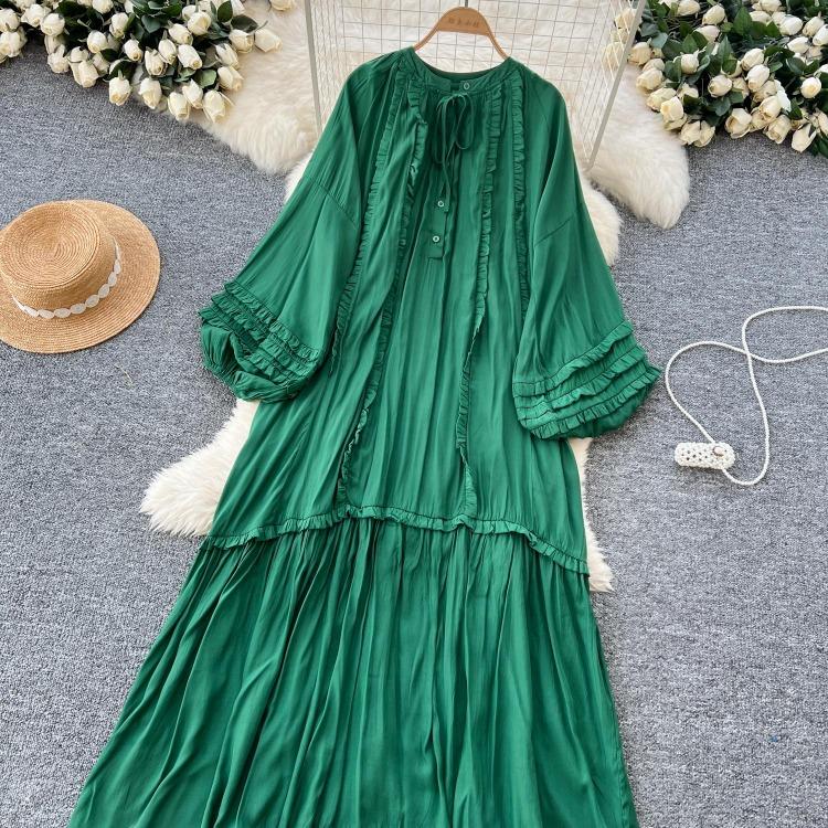 Lanterna Vintage Allacciatura Ruffle Vestito Maniche Lunghe Elegante Ampio Scollo O Moda Coreana High Street Abbigliamento Donna