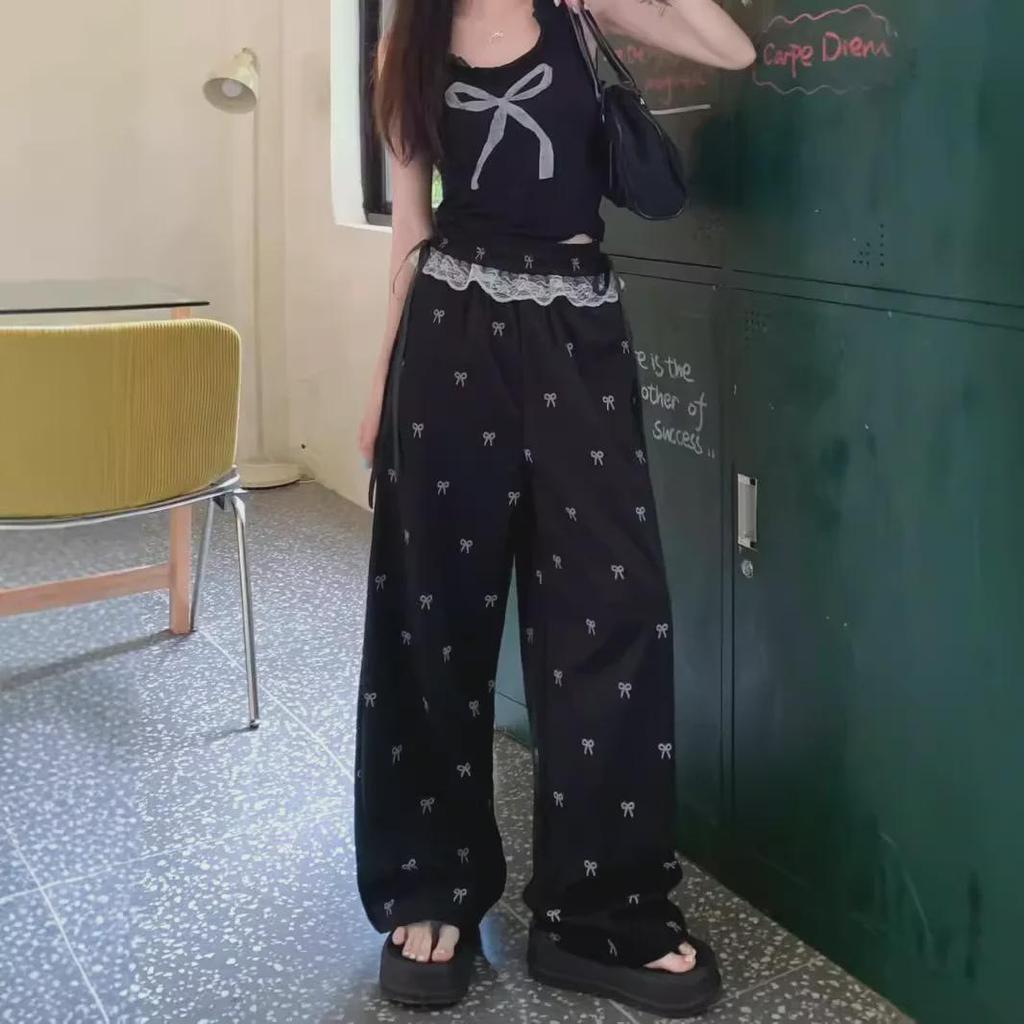 Women's Summer Lace Bow Wide-Leg Pants with Elastic Waist