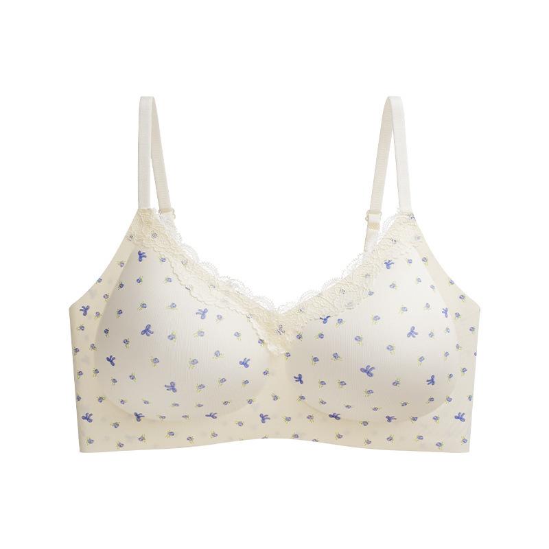 Women Floral Print Soft Support No Underwire Push Up Thin Bra For Small Chest