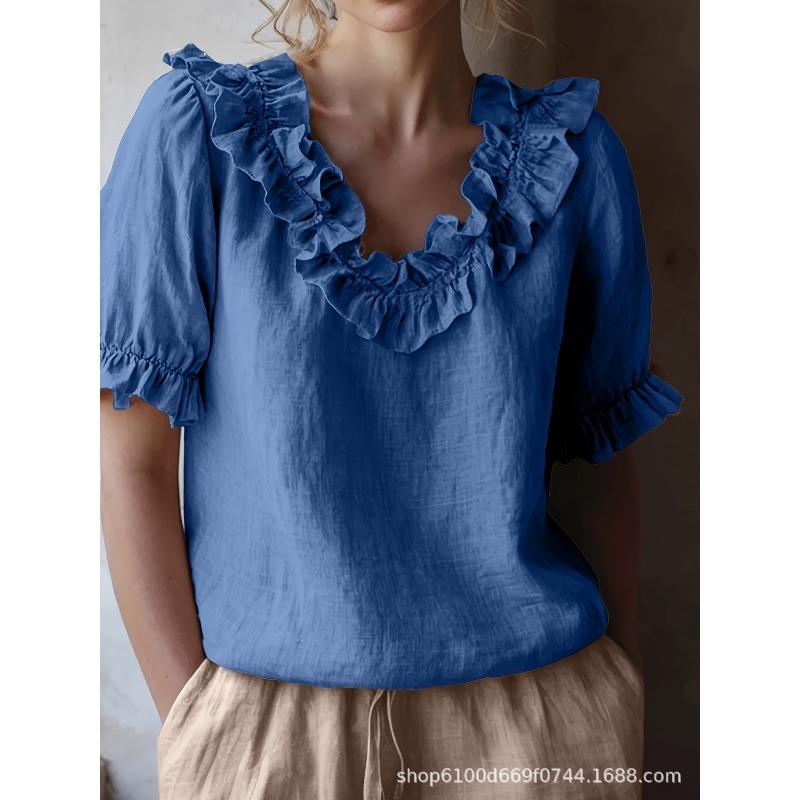 Women's Summer Solid Color Short Sleeve Shirt, Vintage Pullover Blouse