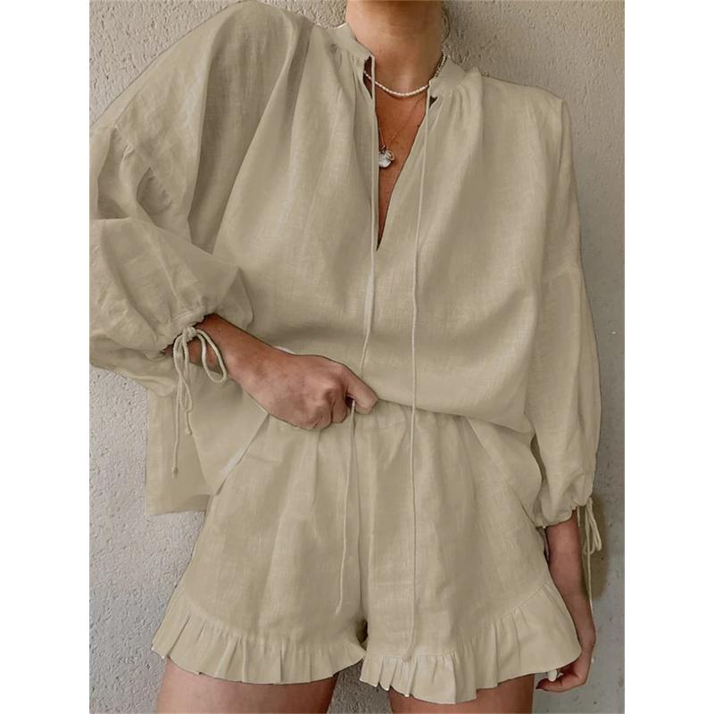 Casual Solid Color Slim Fit Two-piece Set Drawstring Long Sleeve Top & Ruffle Hem Elastic Waist Shorts Outfits