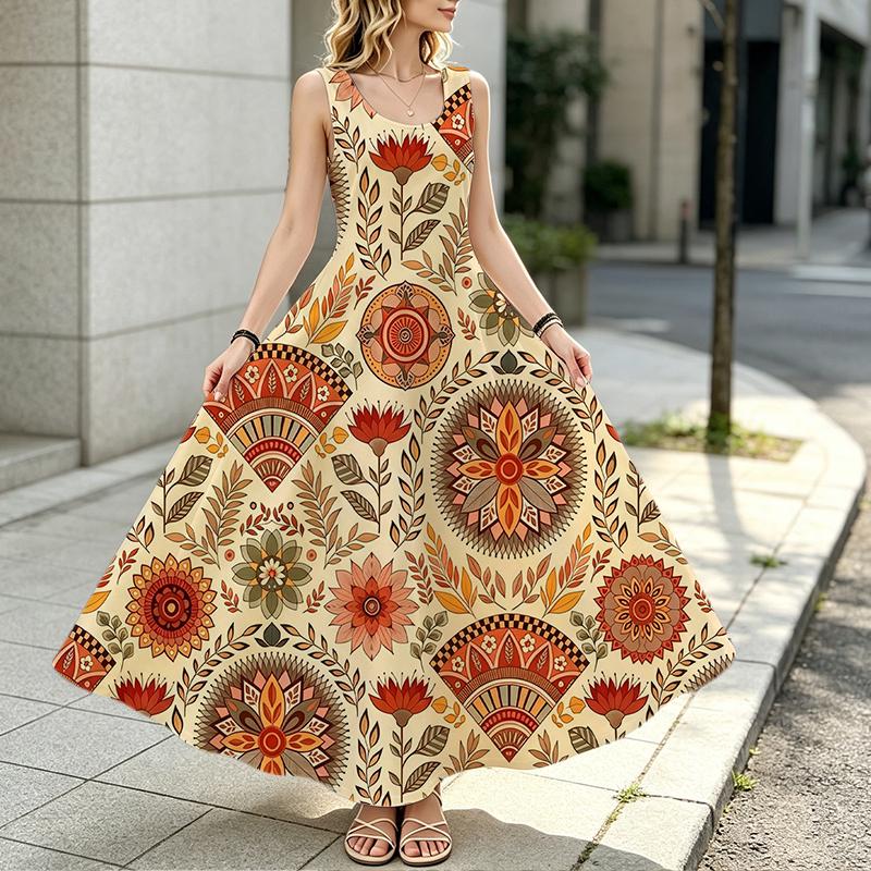 Longline Tank Dress,Relaxed Sleeveless Soft Cotton Dress,Retro Ethnic Style Ideal for Travel Vacation Photos,Daily Casual & Getaway Wear