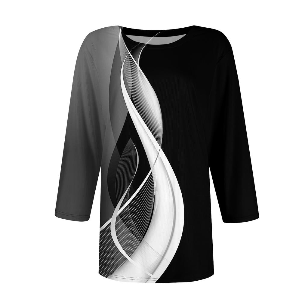 Women's Fashion Casual Round Neck Three Quarter Sleeve Printed T-Shirt Top