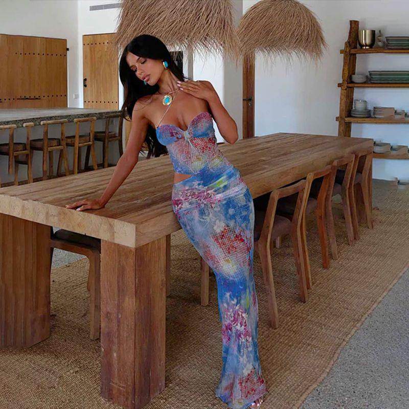 Xiaoke Wiwi European and American Temperament Retro Print Tube Top Dress Women Summer New Sexy Gyaru Sheath Long dress