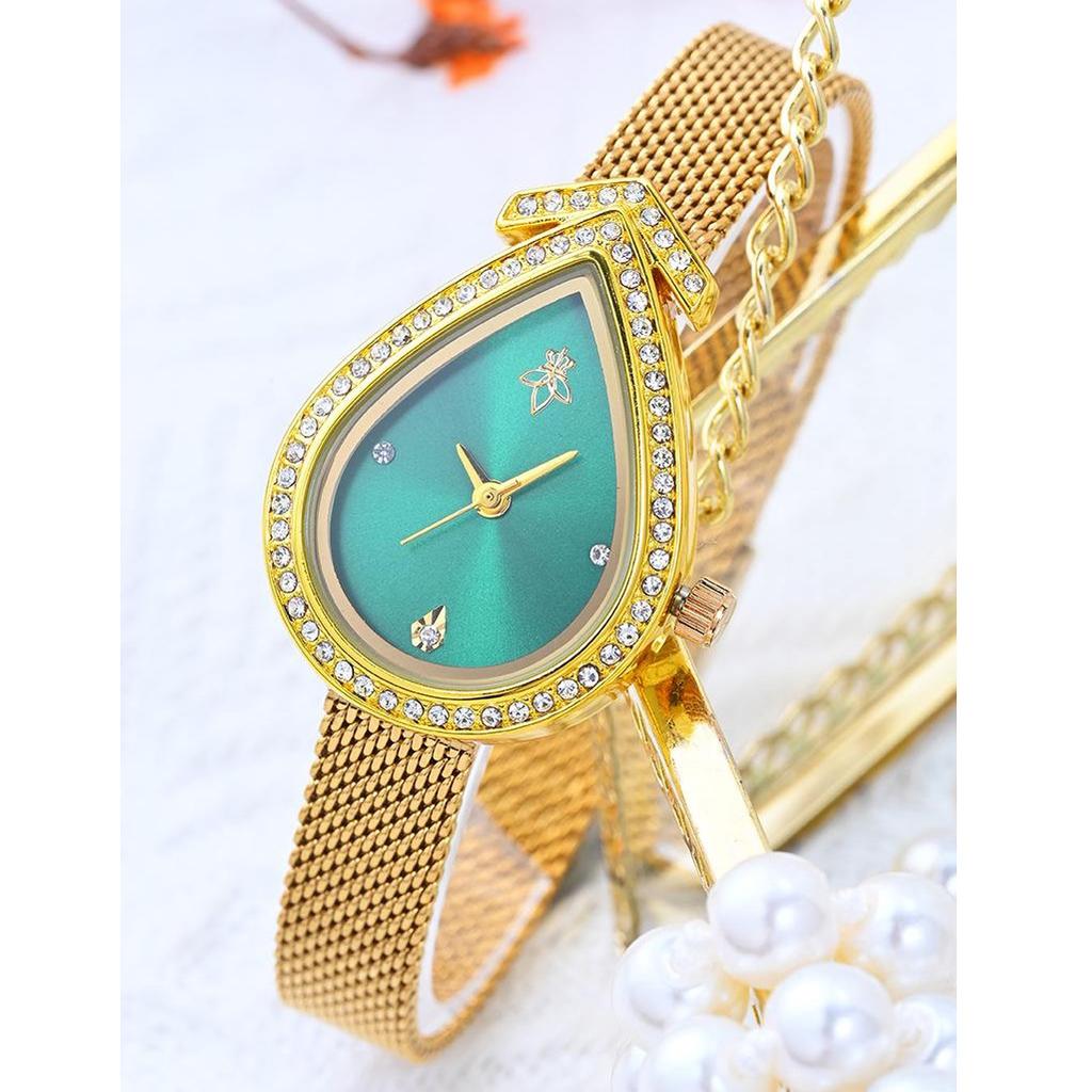 Elegant Diamond Crystal Quartz Watch for Women Fashion Golden Mesh Band Ladies Wristwatch Unique Design