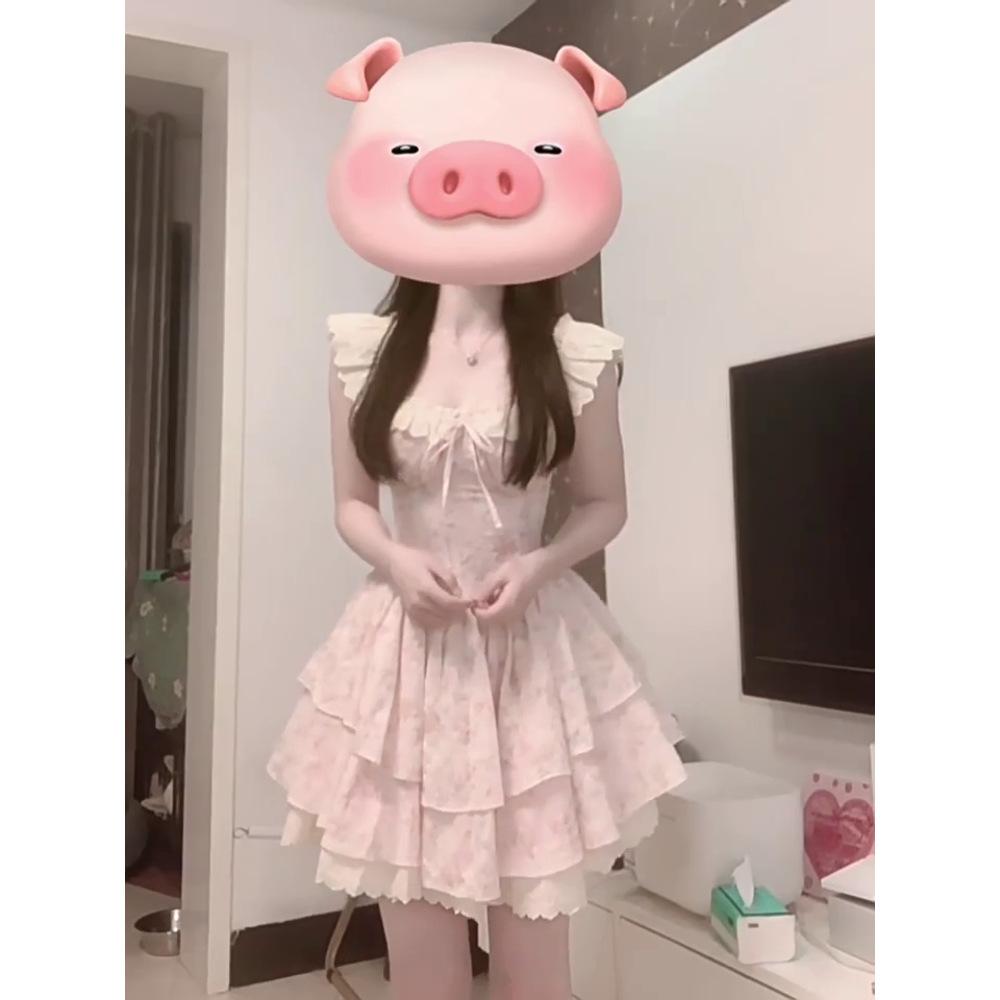 Coffee Break French First Love Xiaofei Sleeve Suspender Dress Female Summer Sweet Spice Girl Princess Cake Dress Waist Dress