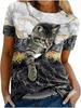 Cute Cat Marble Print T-shirt. Casual Crew Neck Short Slee