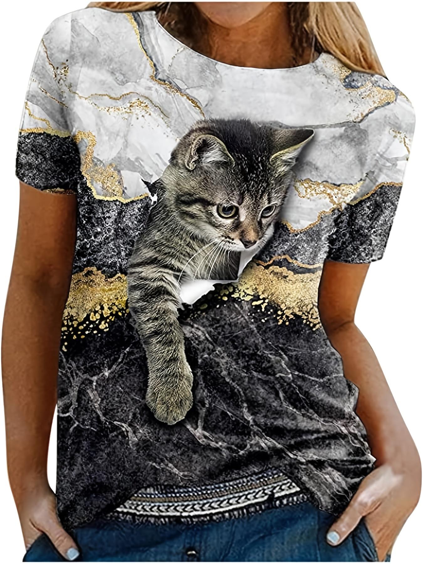

Cute Cat Marble Print T-shirt. Casual Crew Neck Short Slee M дубильная кора