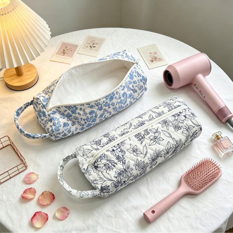 Quilted Hair Dryer Storage Bag With Cute Floral Print Portable Handle Large Capacity Carrying Case For Travel Bathroom Organizer