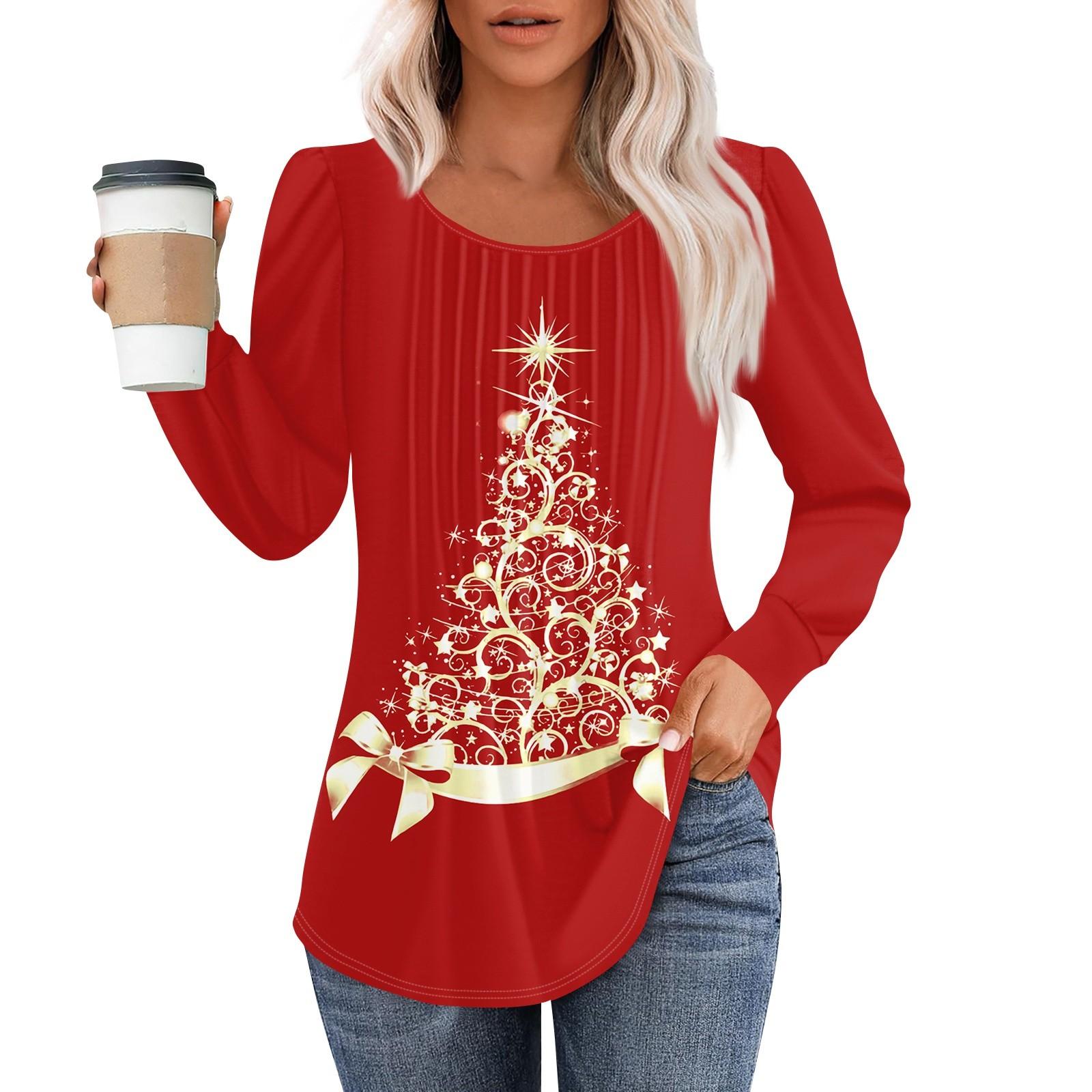 

Рубашки с длинным рукавом для женщин, топы, нарядные повседневные блузки с рождественским принтом, плиссированные туники с круглым вырезом XL киноварь