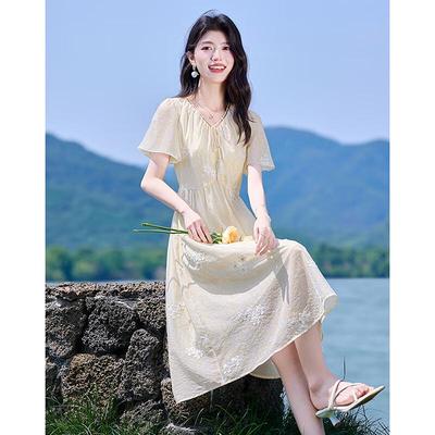 Elegant A-Line Short-Sleeve Mid-Length Dress