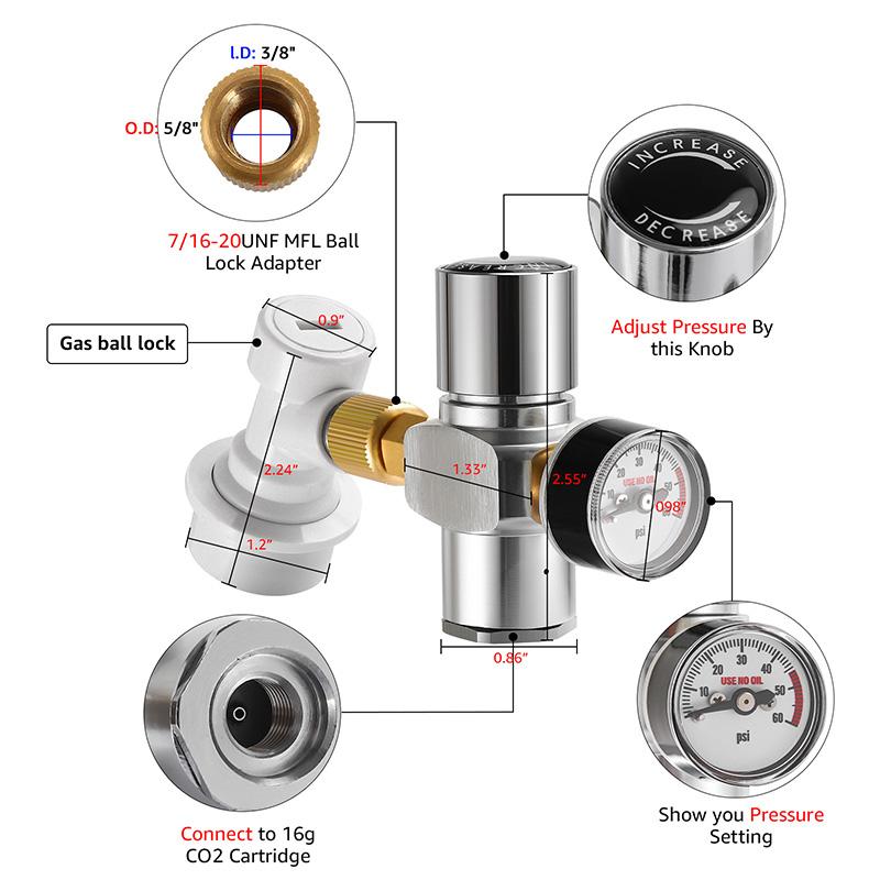 Beer Keg Co2 Charger,0-60PSI Mini Co2 Regulator,Portable Co2 Dispenser With Ball Lock Quick Disconnect For Home Brewing Beer Keg