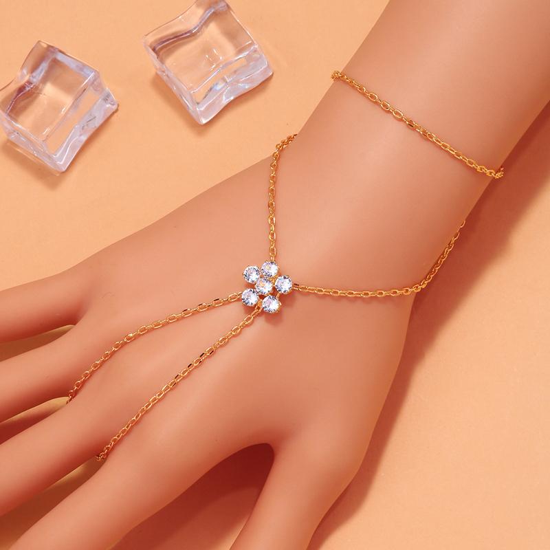 Minimalist Metal Inlaid Flower Zircon Finger Bracelet for Women Trendy Gold Color Thin Chain Double-Layer Hand Chain Jewelry