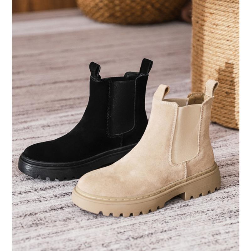 Women Genuine Leather Short Boots Round Toe Cow Suede Leather Handmade Retro Street Style Winter Warm Flats Ankle Boots