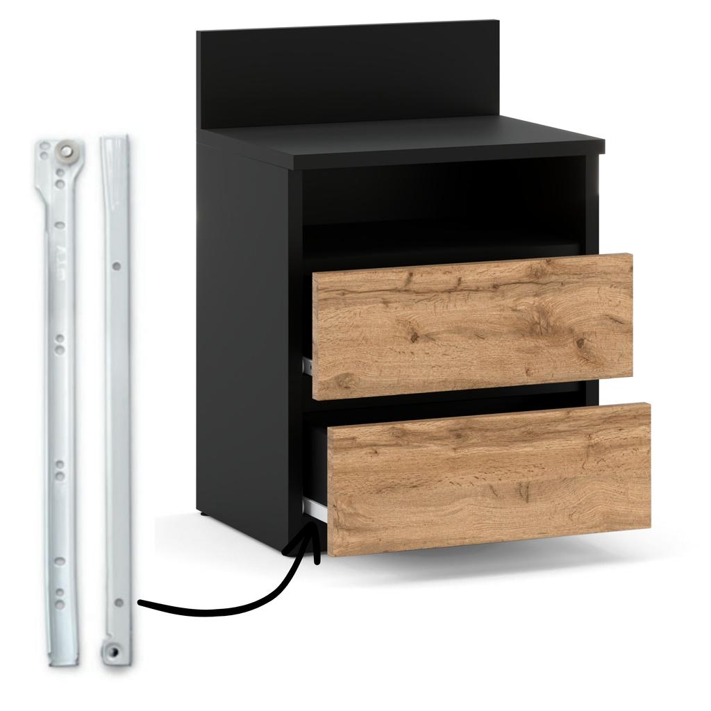 Bedside Table Black Oak Wotan 40cm 2S Shelf Bedroom Furniture
