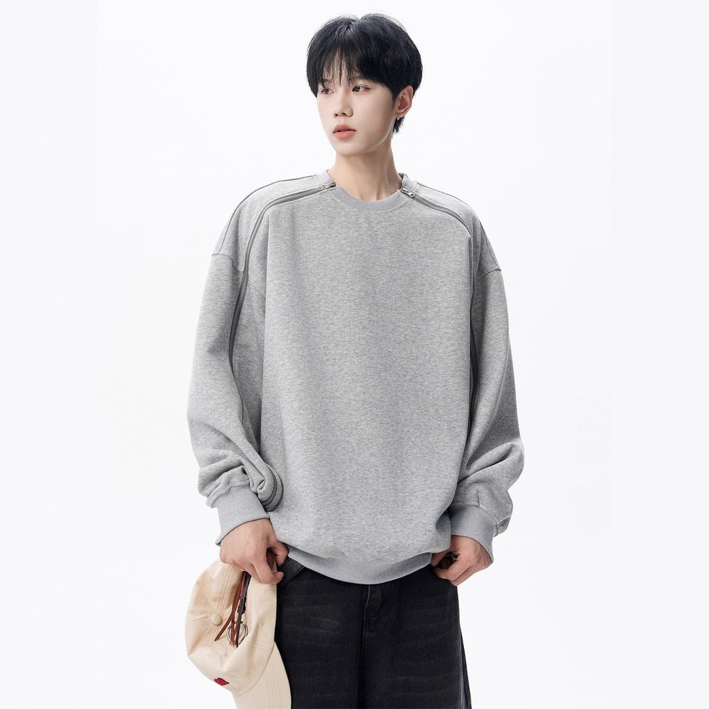 American Zipper Design Crew Neck Sweater Men's Autumn High Street Trendy Sports Bottoming Top