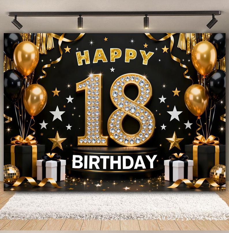 Black and Gold Balloon Gift Theme 18th Birthday Banner Backdrop Cloth Adult Gift Birthday Party Decoration Photography Backdrop