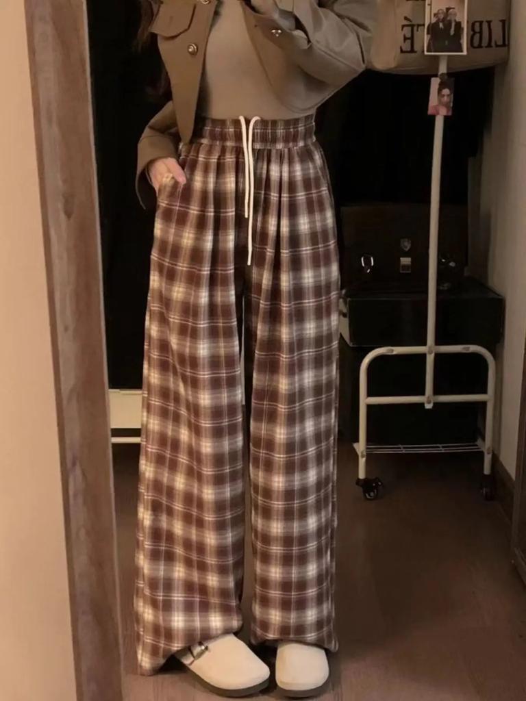 Retro Checked Plus Size Women's Trousers Relaxed Fit Comfortable Y2K Casual Straight Leg Pants Spring/Autumn Women's Bottoms