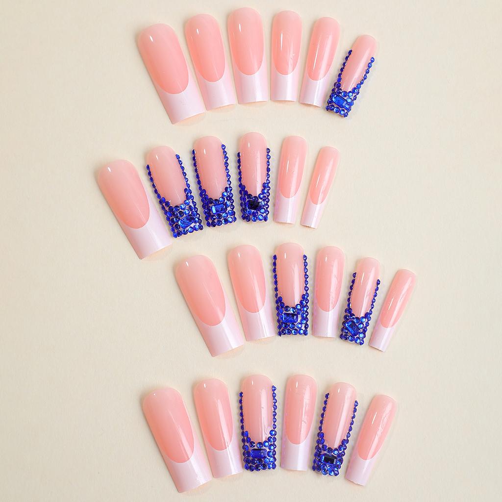 Handmade New Style Blue Diamond Sparkling Long Tube False Nails