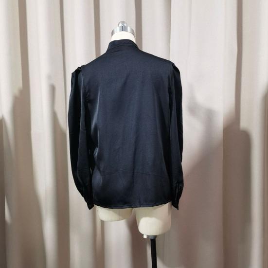 Women Shirt Stand Collar Puff Long Sleeve Buttons Placket Shirt Tops Pure Color Loose