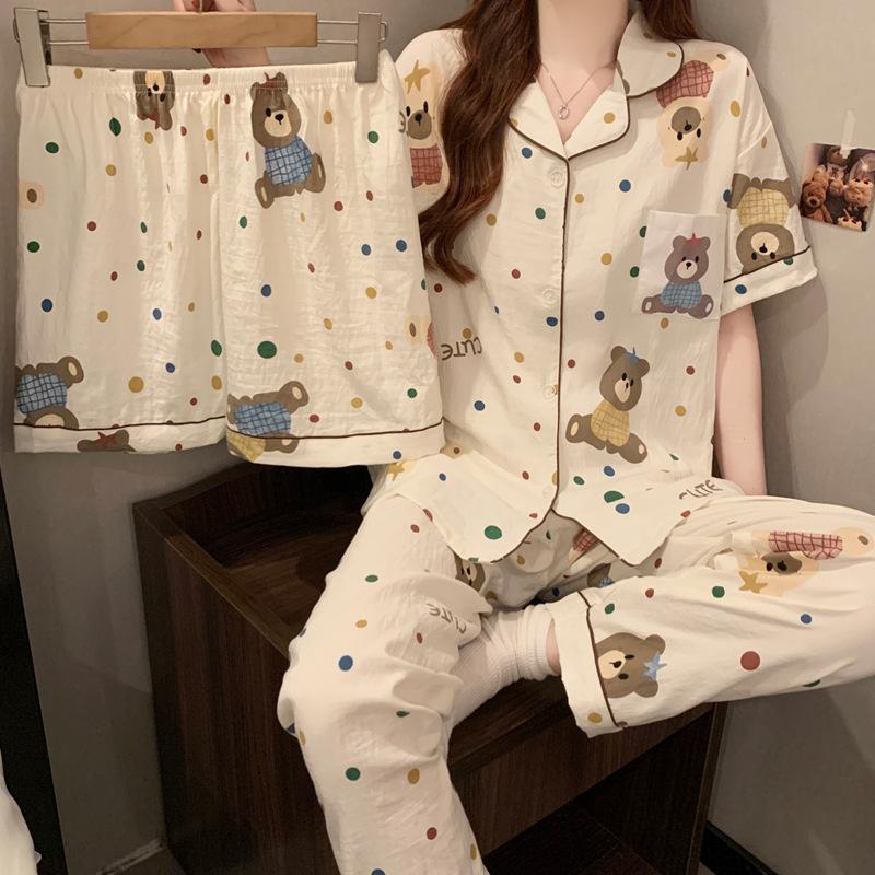 Cloud Cotton Pajamas Women'S Summer Short-Sleeved Three-Piece Set Japanese Polka Dot Bear Can Be Worn Outside Loungewear