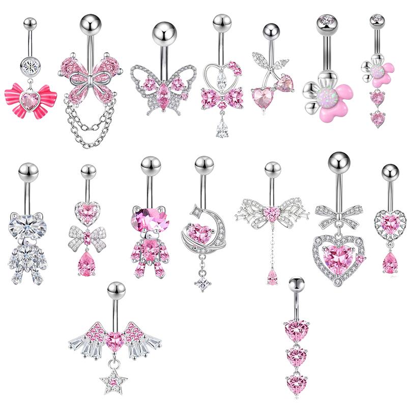 Pink Zircon Belly Button Rings Stainless Steel Heart Butterfly Navel Piercing Barbell For Women Beach Belly Ring Body Jewelry