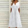 Vestido Midi Feminino com Ilhós, Ombro a Ombro, Manga Curta de Verão, Decote V, Botões, Solto, Casual, Corte A, com Bolsos