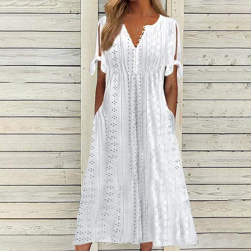 Women s Summer Fashion Casual Loose High-waisted Embroidered Solid Color Dress Trendy XS