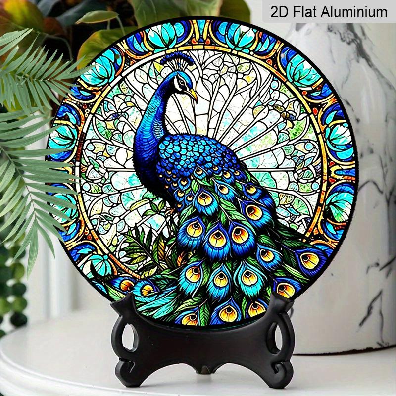 2D Flat, Vintage Stained Glass Style Peacock Round Aluminum Wall Decoration, Available in Various Sizes. Vintage Dessert Style Wall Decoration