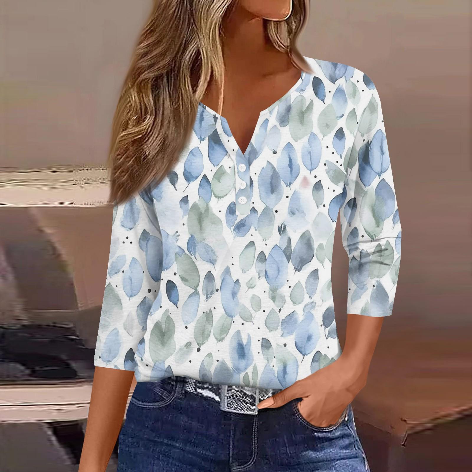 Жен. Футболка Футболка С принтом Пуговицы Рукав 3/4Ежедневно Выходные Мода Классический — фото 3