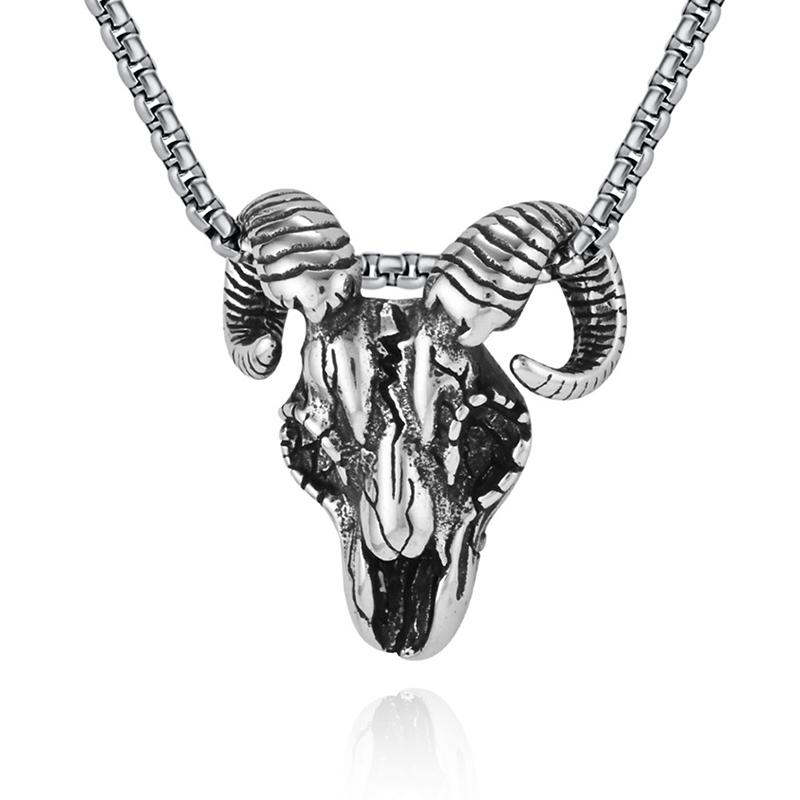 Vintage Sheep Head Pendant Necklace for Men Women GIft Stainless Steel Punk Hip Hop Animal Amulet Gothic Pentagram Goat Jewelry