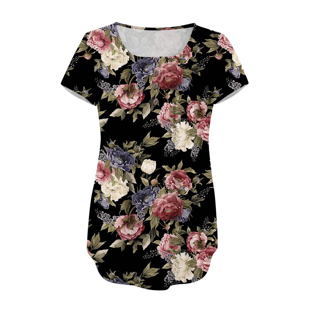 Tunica a maniche corte da donna T-shirt larghe T-shirt casual taglie forti Tunica a pieghe Bottoni T-shirt floreali estive casual per le donne