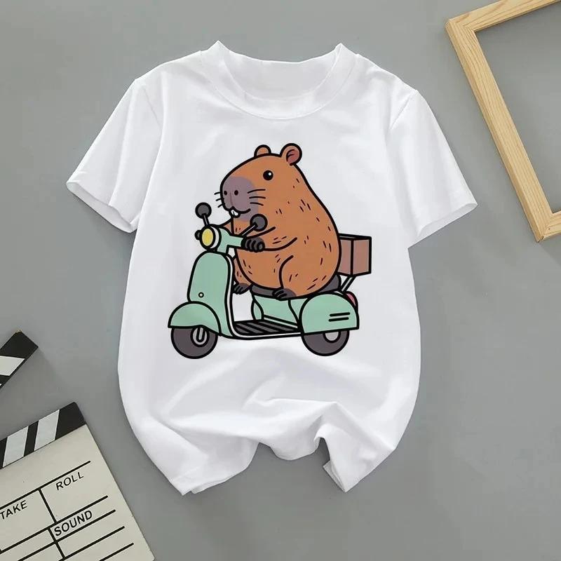 Summer Cartoon Cute Capybara Print Children T-shirt Short-sleeved Fashion Boys and Girls Round-neck Baby Kid Tshirt Trend