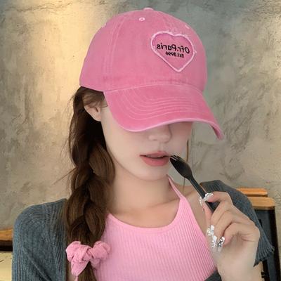 Spring and Summer Sweet and Cool Heart-shaped Pink Embroidered Baseball Cap Versatile Retro Washed Soft Top Duckbill Cap
