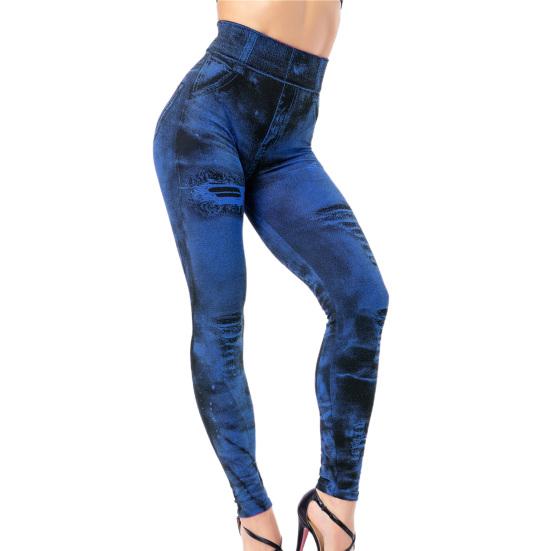 Multi Pockets Skinny Imitation Jeans Leggings Hip Lifting Ripped Holes Print Mid Waist Elastic Pants for Sports