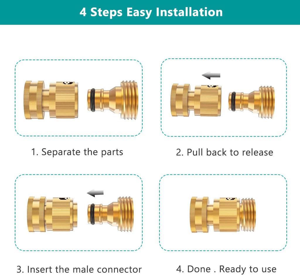 Garden Hose Quick Connector, Solid Brass 3/4 Inch Thread Fitting No-Leak Water Hose Female and Male Easy Connect (6 Sets)
