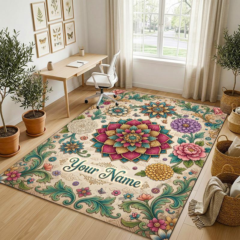 Floral Garden Theme Crystal Velvet Rug Personalized Custom Name Text Soft Floor Mat Home Decor