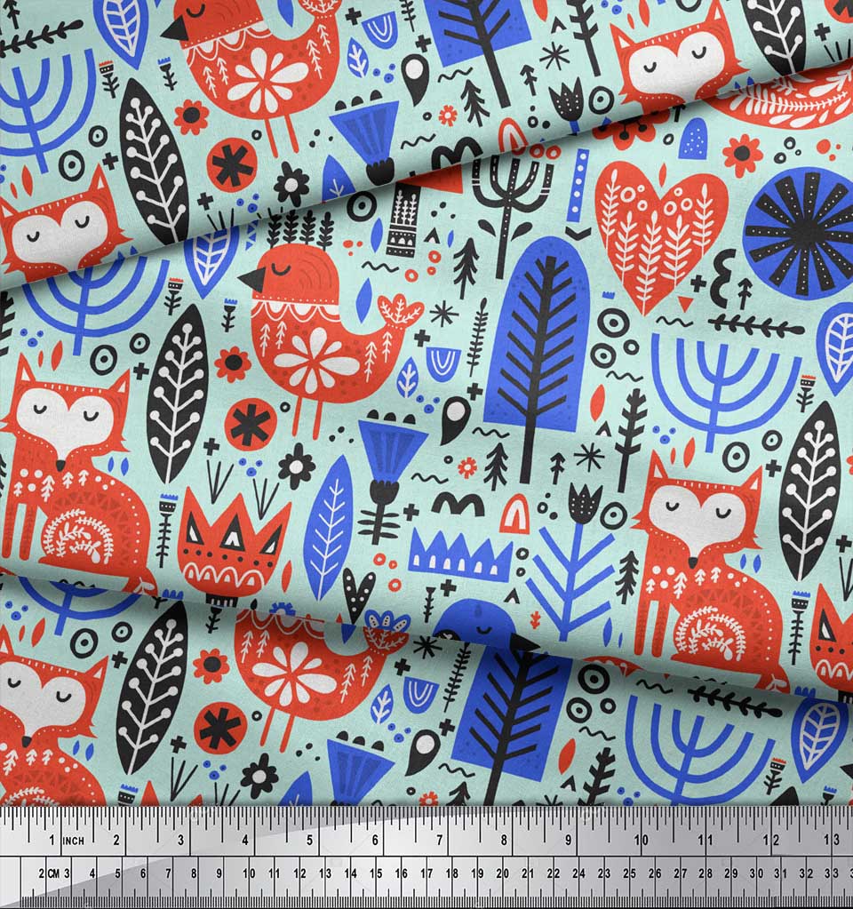 Soimoi Beige Poly Crepe Fabric Tree & Fox Folk Art Fabric Prints By Metre 42 Inch