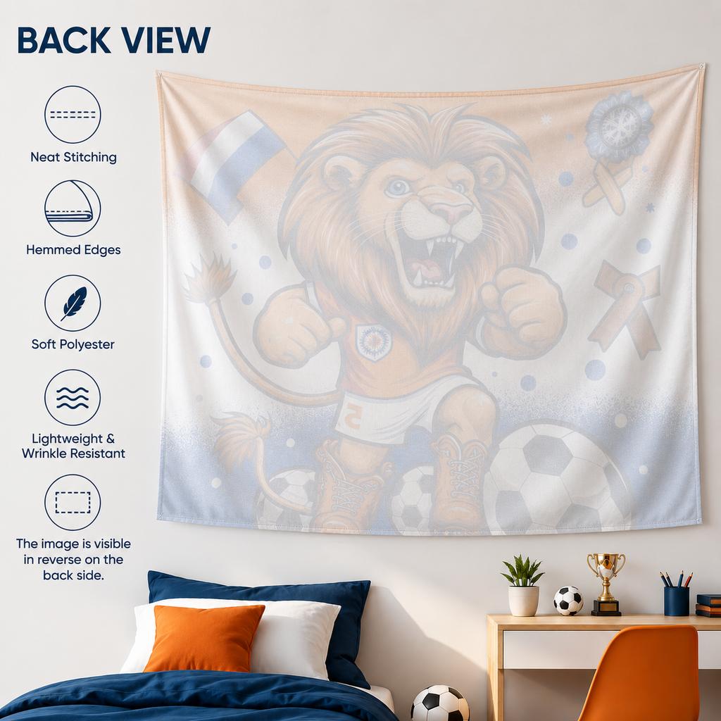 Flat Print Netherlands Flag Soccer Tapestry World Championship Cartoon Lion Mascot Wall Hanging For Sports Fan Gift